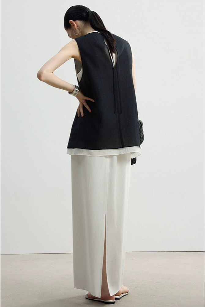 コントラストレイヤードノースリーブツーピーストップス B4141