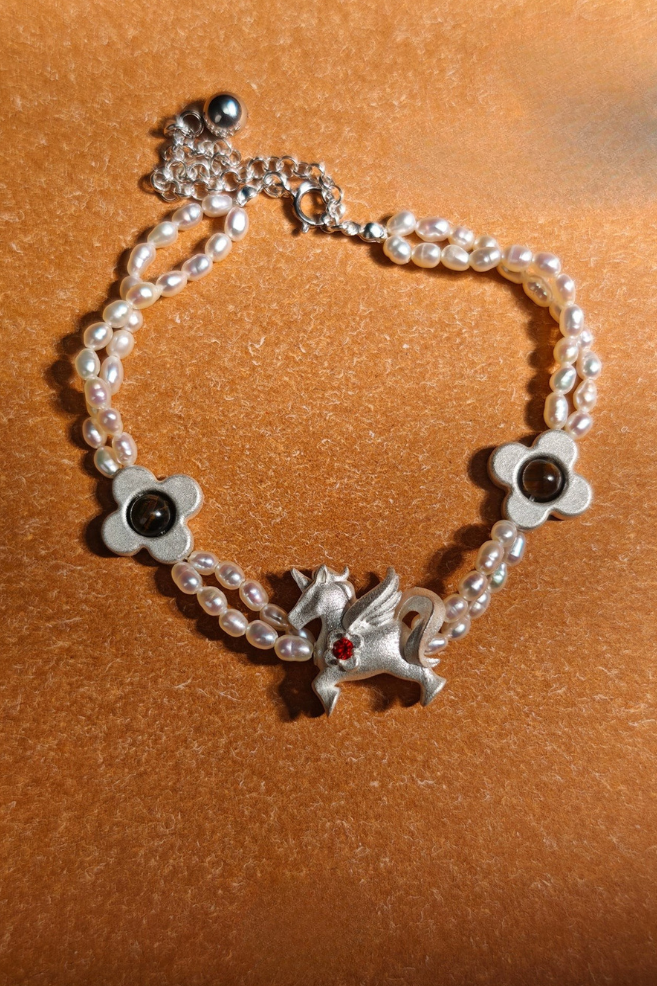 Unicorn Pony & Flower Pearl Bracelet B4476
