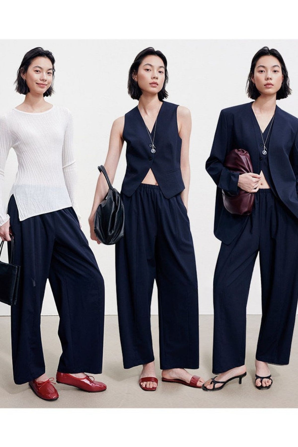 Wool-blend elastic waist gathered wide-leg pants B4996