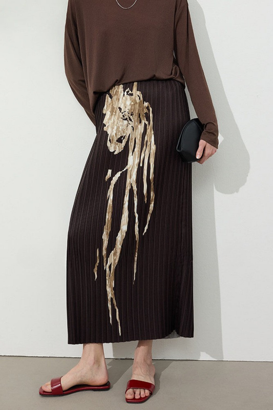 エボニーブラウンプリントプリーツスカート B4742