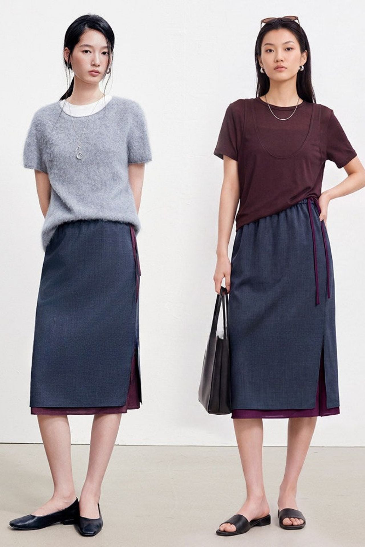 Faux Layered Wool Blend Straight Slit Skirt B4925