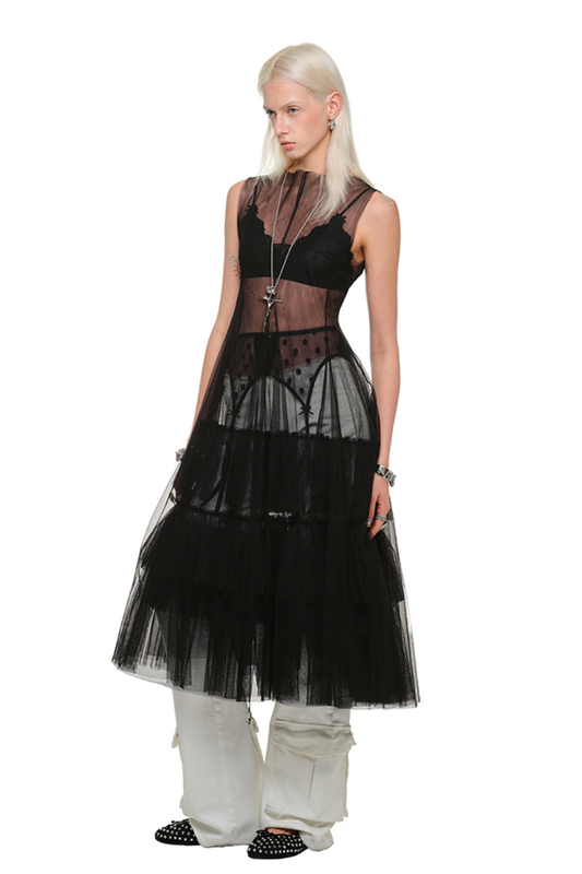 メッシュシースルーレイヤードノースリーブワンピース B3789