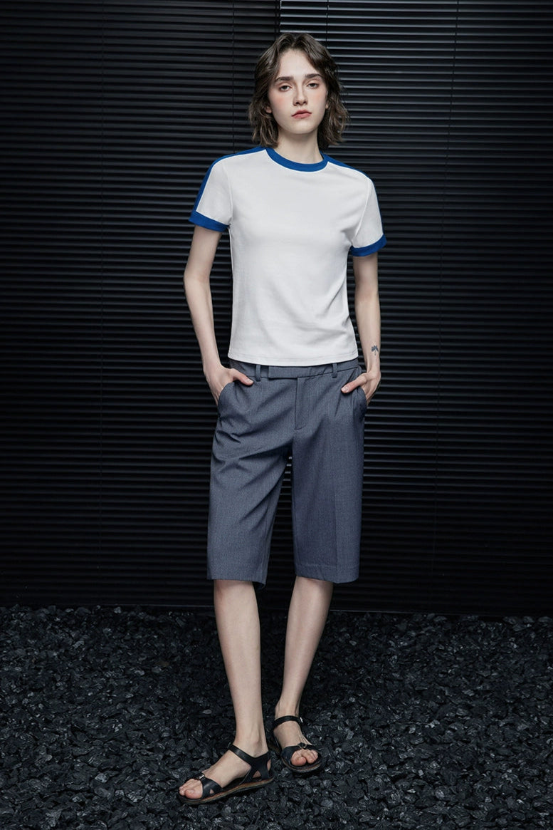 White contrast round neck short sleeve T-shirt B3987