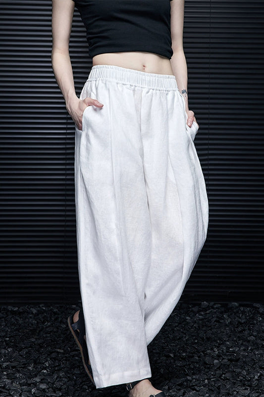 ホワイトリネンワイドルーズクロップドパンツ B3992