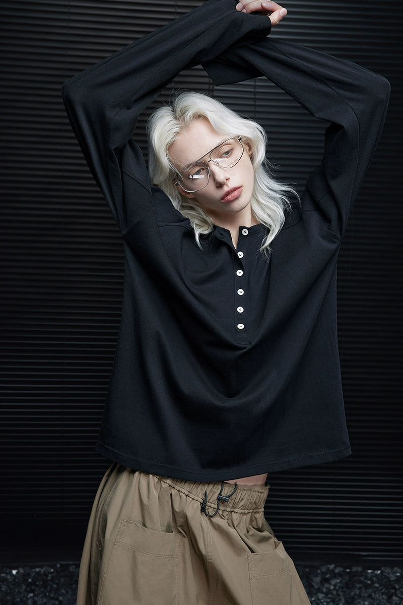 ブラックヘンリーネックレイジー長袖Tシャツ B4364