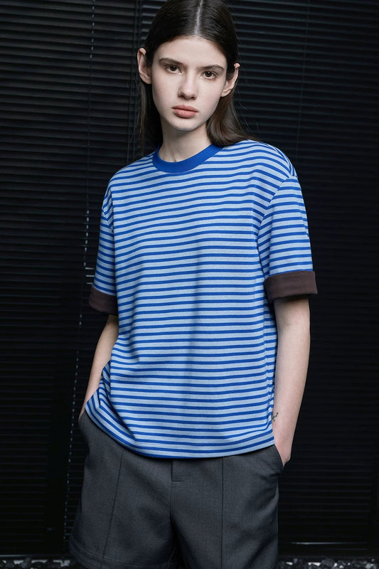 ブルーストライプロールヘム半袖Tシャツ B4693