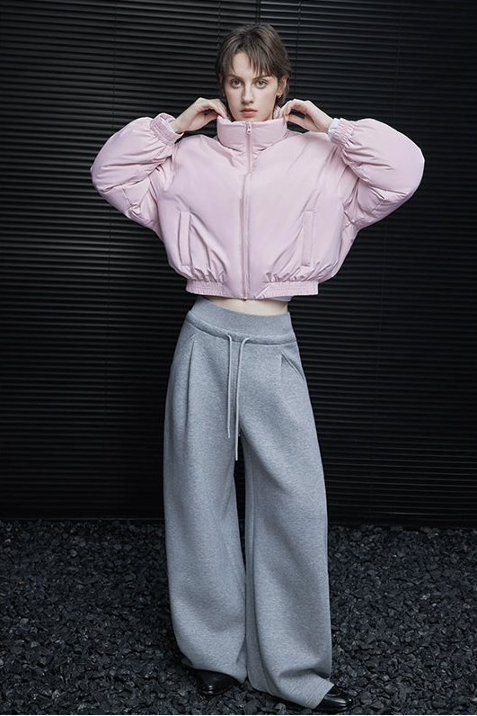 粉紅色高領短版羽絨外套 B4423