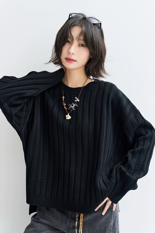 Black drop shoulder loose sweater B4434