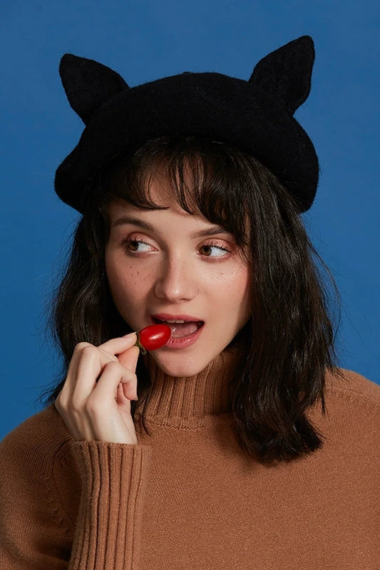 ブラックスモールキャットイヤーズアーティストベレー帽 B3400