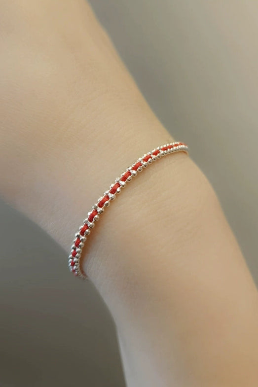 S925編み込みレッドラインブレスレット B3723