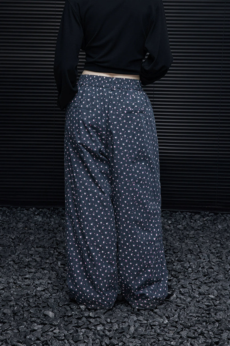 ネイビーブルー小花柄ワイドパンツ B4367