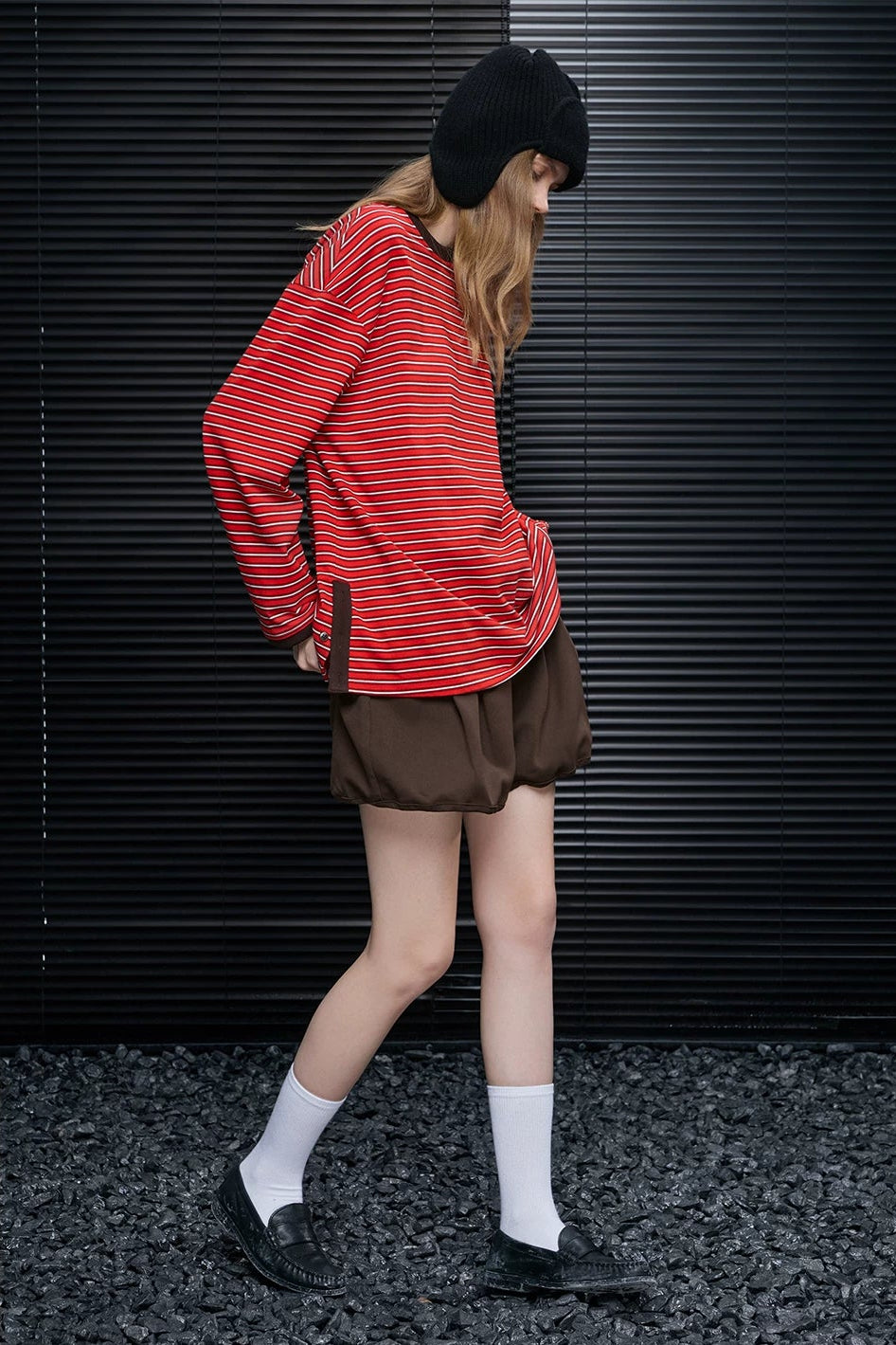 レッドストライプブラウン長袖Tシャツ B4607