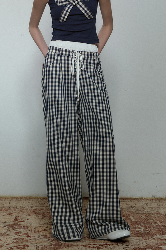 雙腰寬鬆格紋褲 B3772