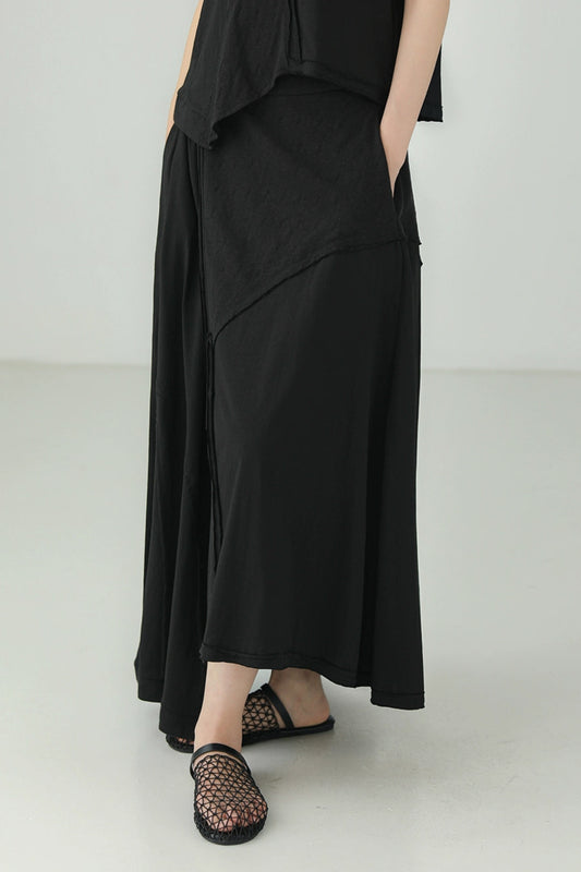 Black cotton irregular patchwork skirt B4134