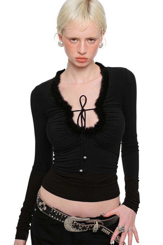 毛邊縫線深領T卹 B3787