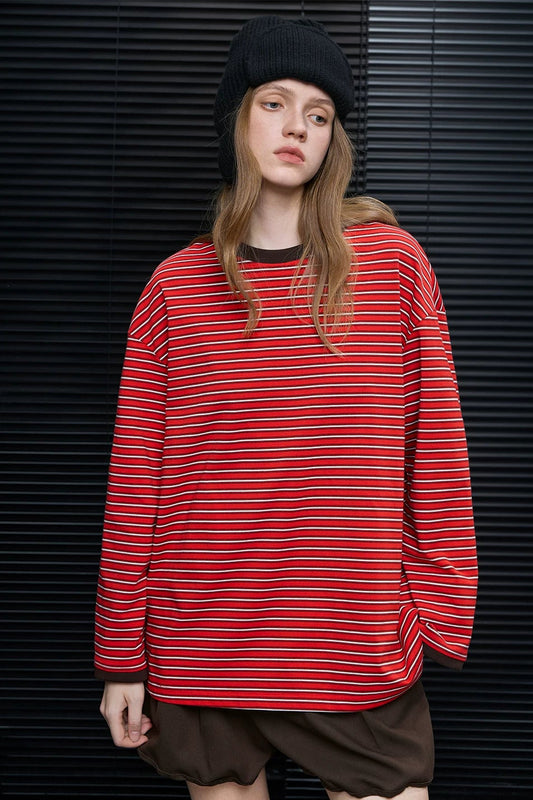 レッドストライプブラウン長袖Tシャツ B4607