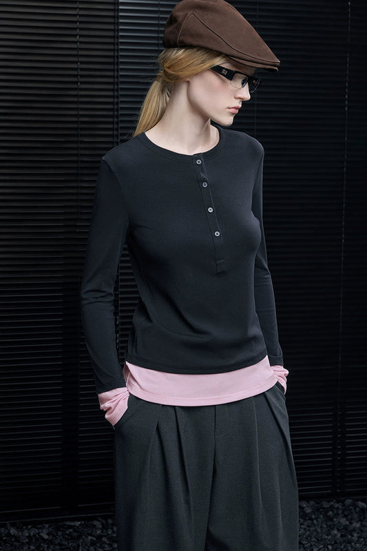 Gray Pink Fake Two-Piece T-Shirt B4551