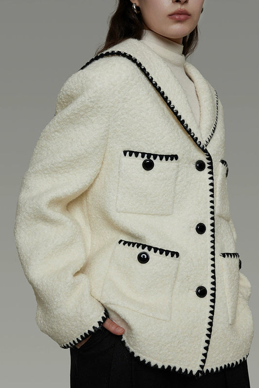 カラーブロッキングシャネル風ウール混コート B4490