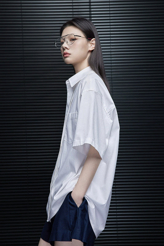 ホワイトコットンクール半袖ラペルシャツ B4031