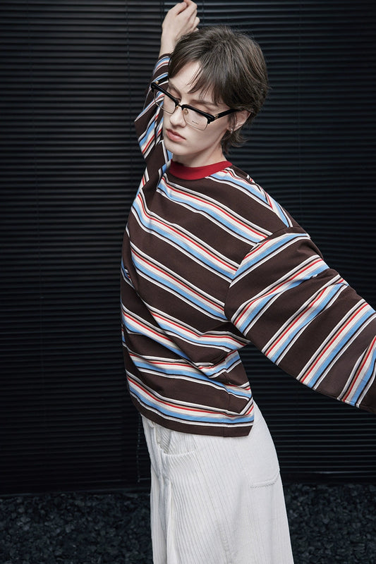 コットンストライプドロップショルダー長袖Tシャツ B4355