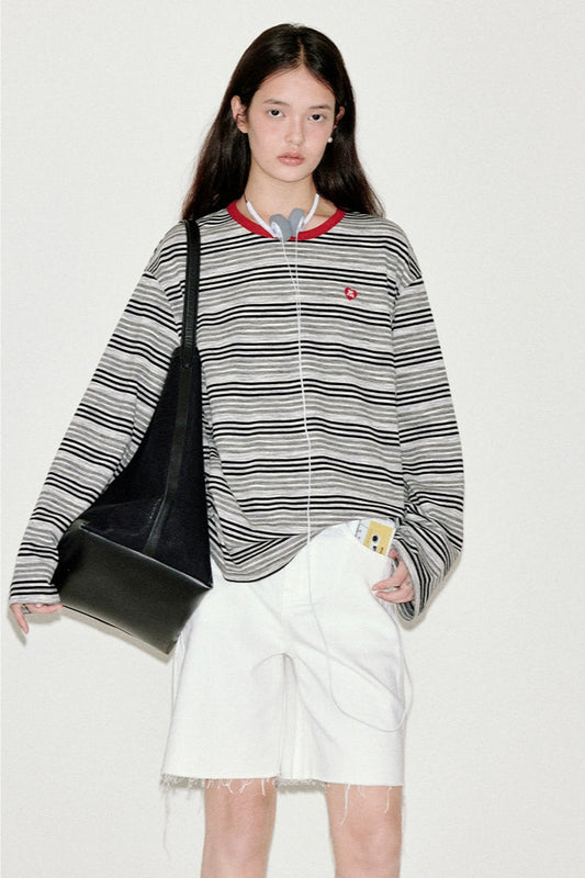 Striped contrast color long sleeve T-shirt B4215