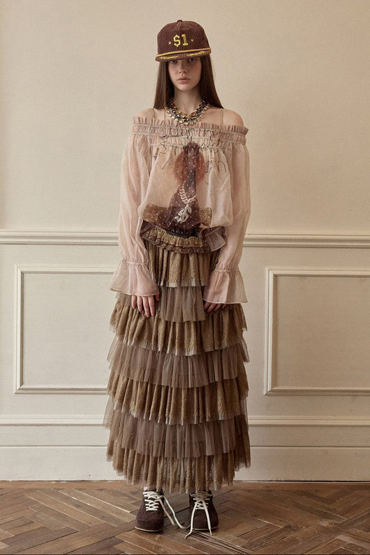 ドッグラブワンショルダーシフォンプリントトップス B4643