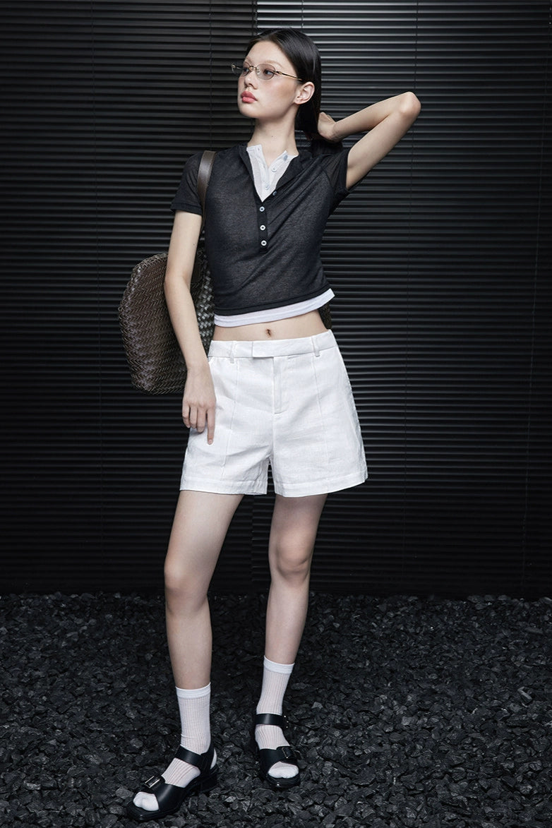 ホワイトリネンストレートショートパンツ B4028