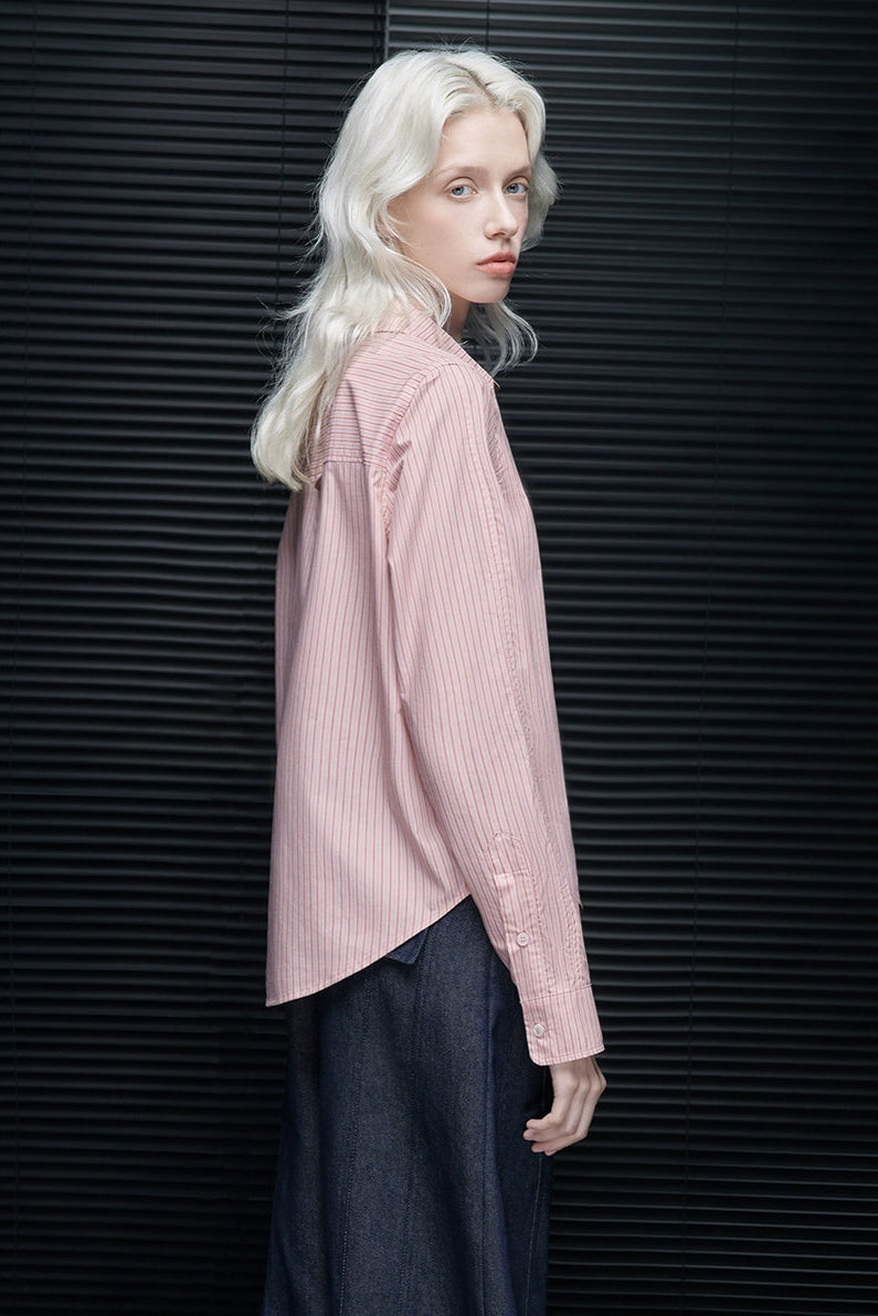ピンクストライプピュアコットン長袖ラペルシャツ B4225