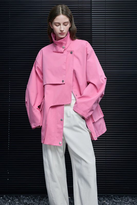 ピンクアシメトリーバックルベルトトレンチコート B4641