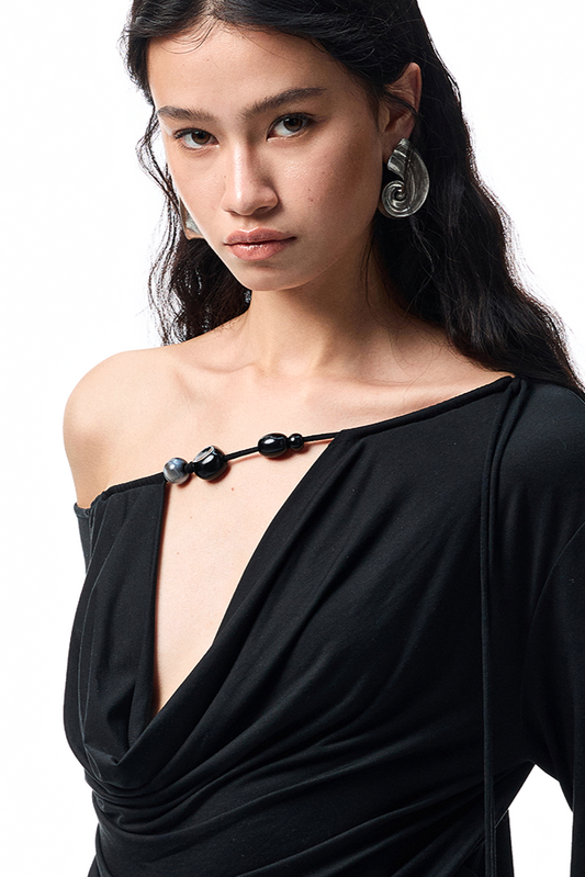 Beaded swing collar off-shoulder V-neck top B3944