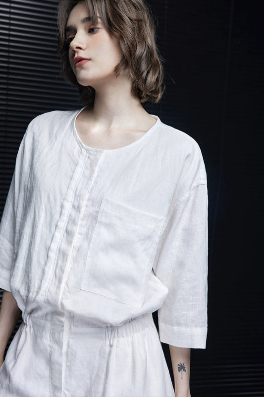 ホワイトリネンショートパンツジャンプスーツ B3981