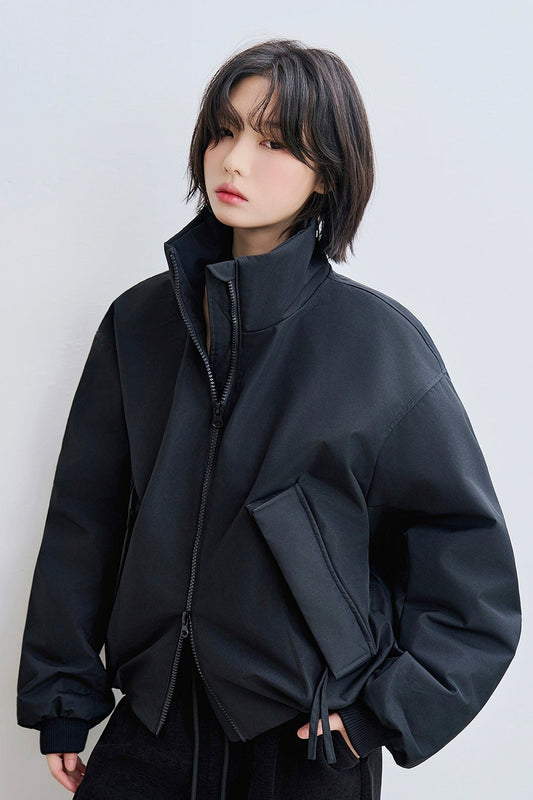 Black stand collar down short jacket B4427