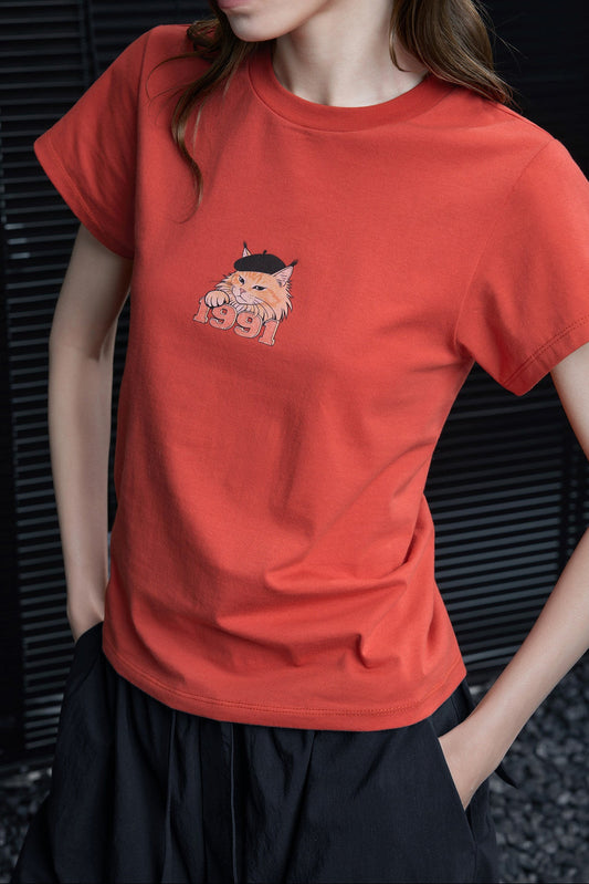 レンガレッドキャットプリント半袖Tシャツ B4637