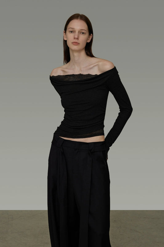 蕾絲針腳單肩修身上衣 B4195