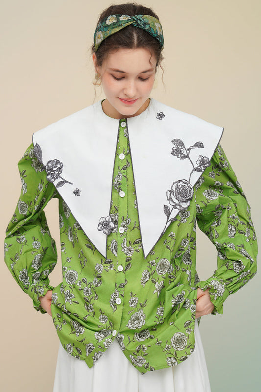 Green rose print large lapel blouse B3758