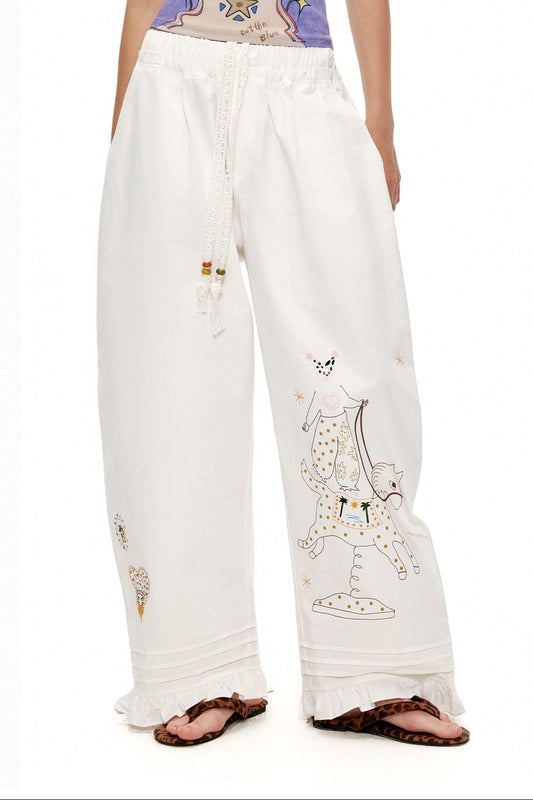 刺繡フリルルーズカーブブレードパンツ B4600