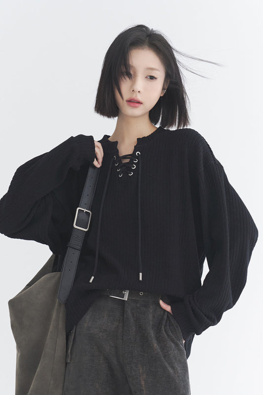 V領蕾絲蘋果寬鬆T卹B3743