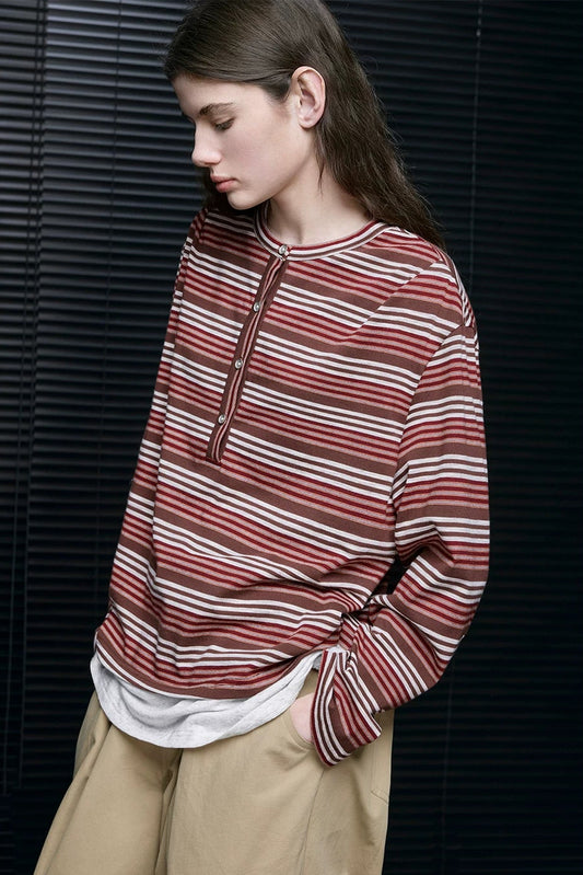 フェイクツーピースストライプ長袖Tシャツ B4679