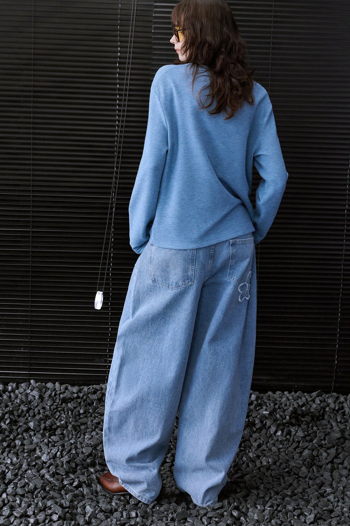 Blue Vintage-Style Textured Long Sleeve T-Shirt B5021