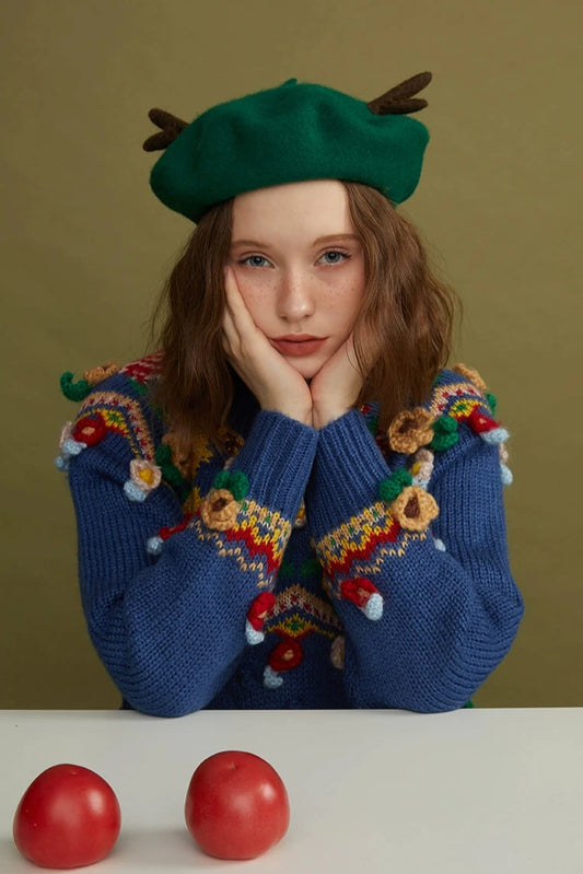 手作りウールフェルト鹿の角ベレー帽 B3391