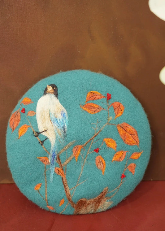 手作り羊毛フェルト花鳥柄エレガントベレー帽 B3402