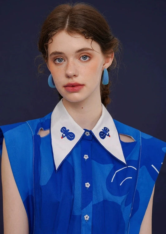 ヴィンテージ鳥落書きプリントノースリーブドレス B2708