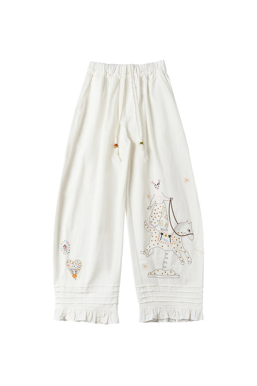 刺繡フリルルーズカーブブレードパンツ B4600