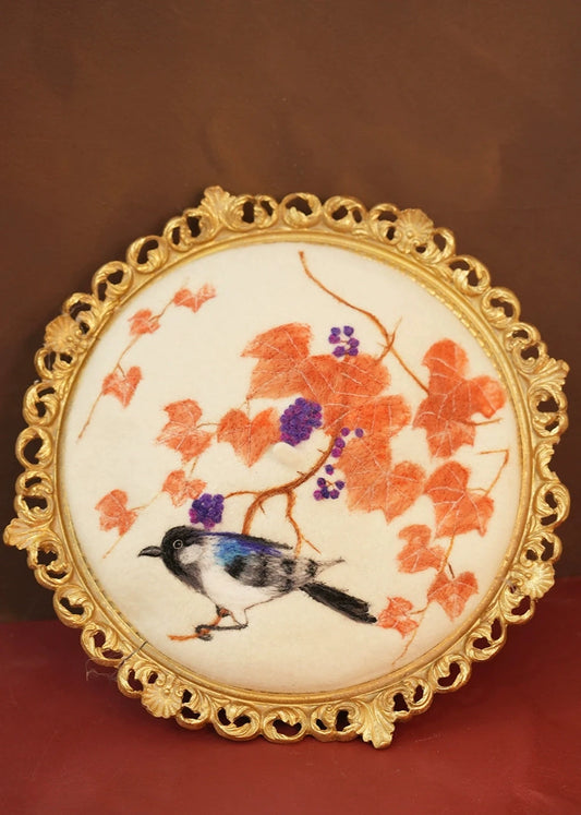 手作り羊毛フェルト花鳥ベレー帽 B3401