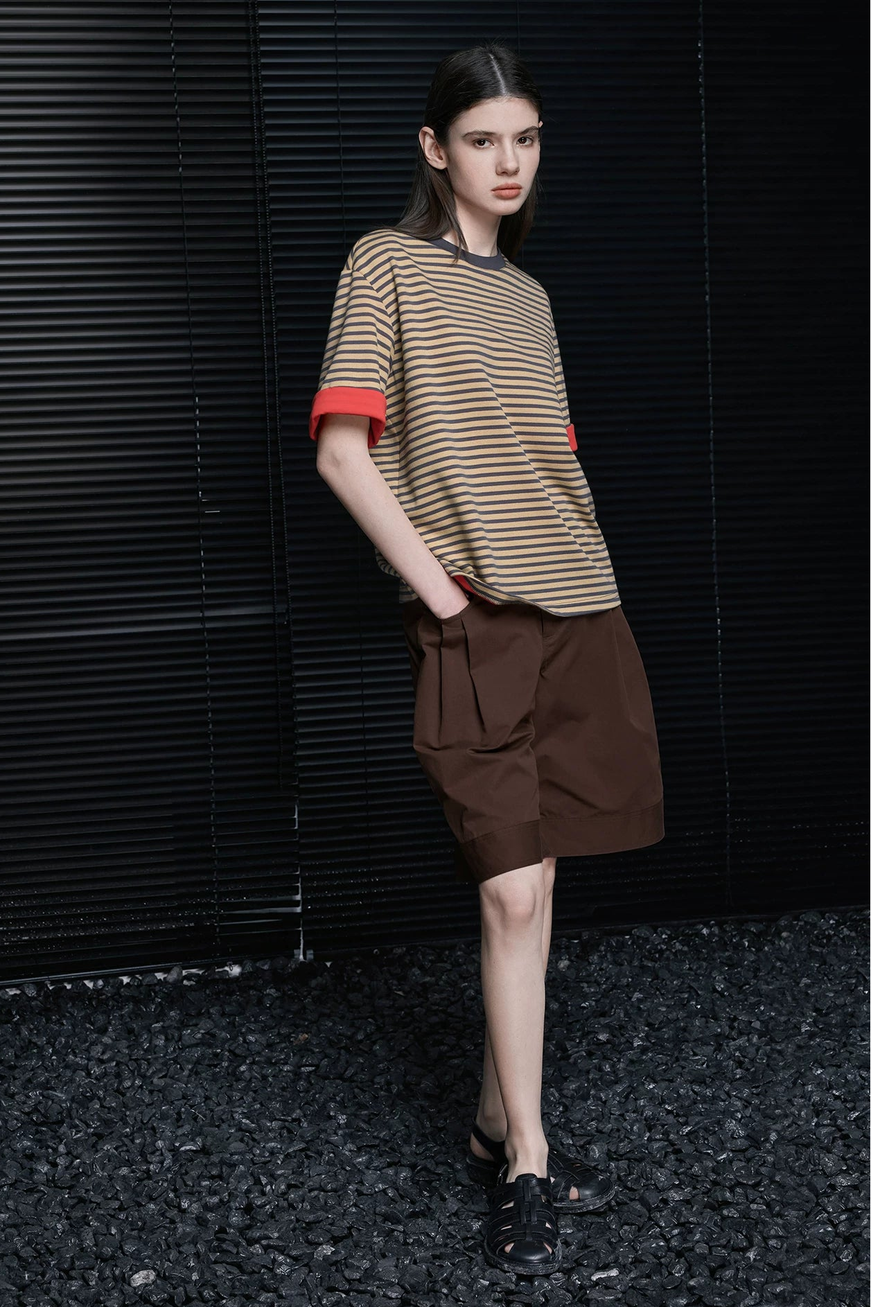 コーヒーストライプロールヘム半袖Tシャツ B4711