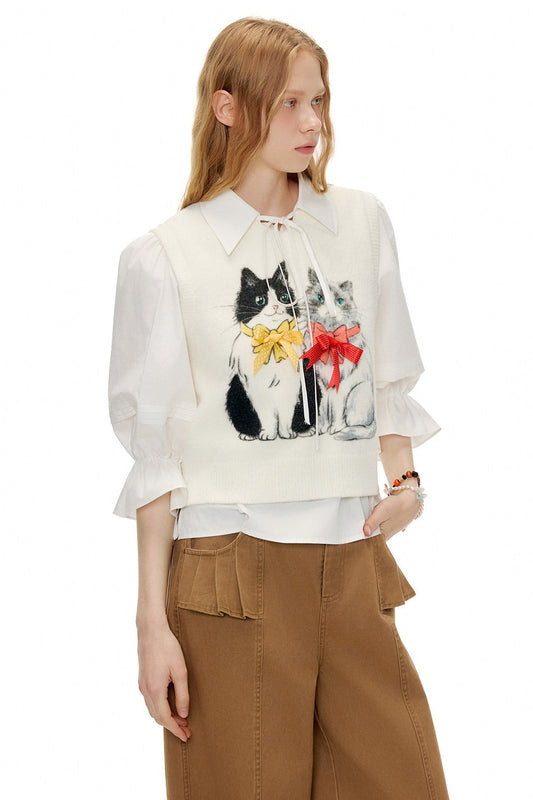 ホワイトキャットプリントVネックベスト B4599