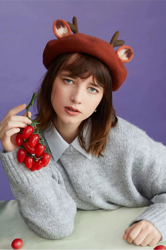 羊毛フェルト鹿の角&耳付きアーティストベレー帽 B3389