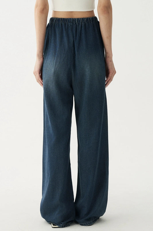 天絲彈性腰藍色直筒牛仔褲 B3416