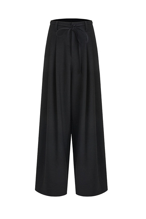 Black Lace-Up Pleated Wide-Leg Pants B4913