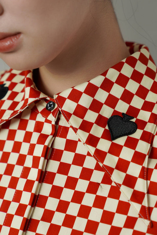 レトロチェック柄トランプ刺繡ラペルシャツ B4582